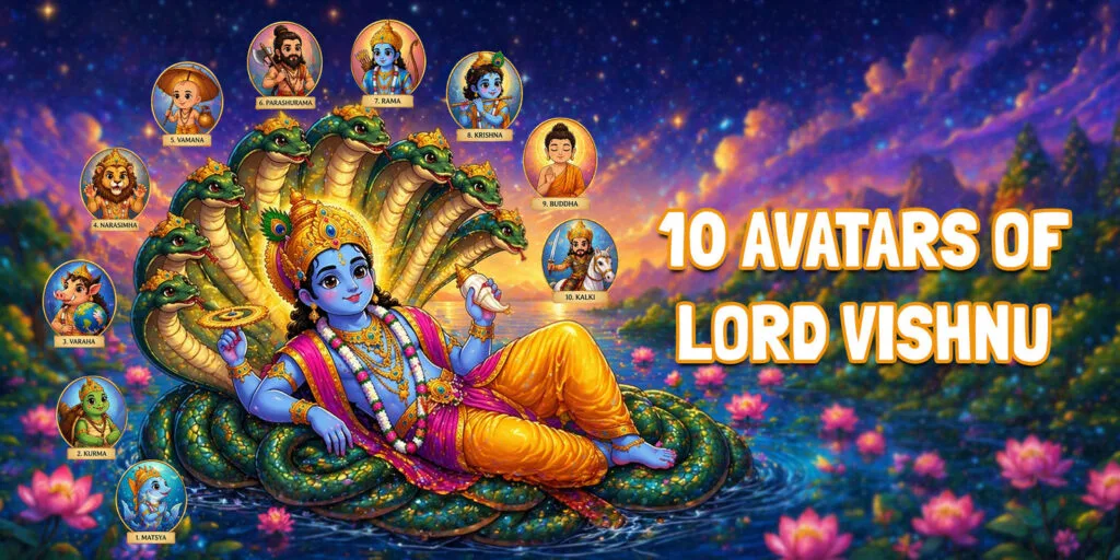 The ten avatars of Lord Vishnu (Dashavatara)