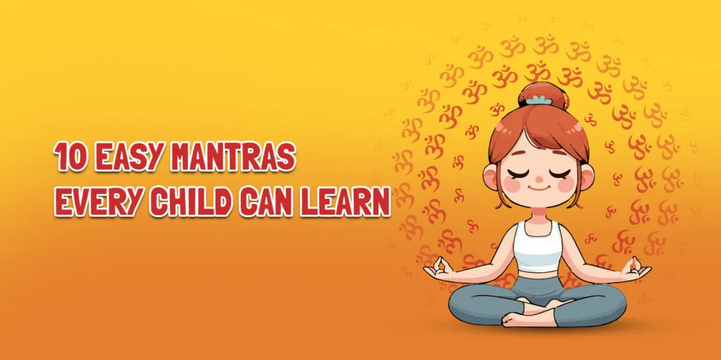 Child sitting calmly with folded hands learning a mantra
