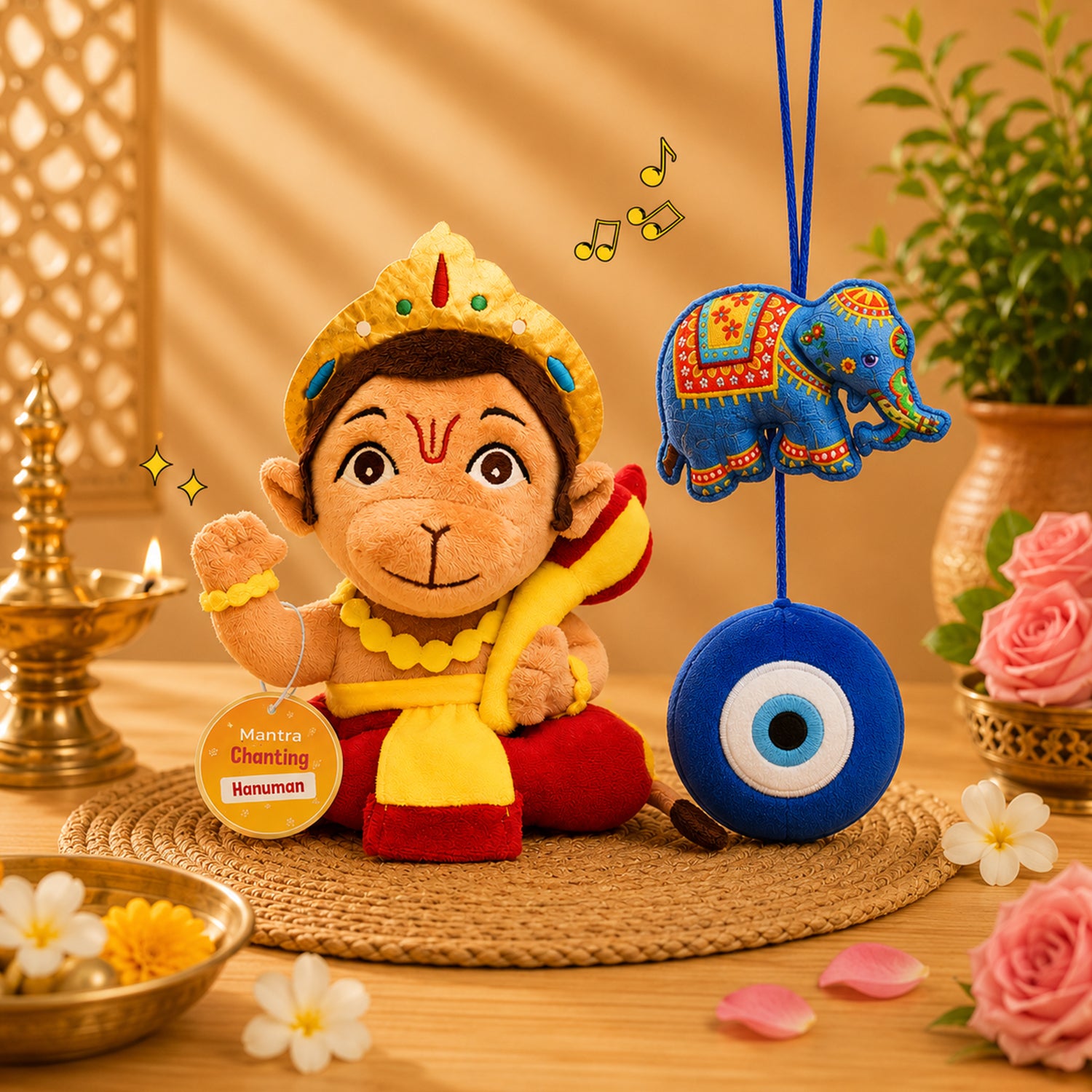 Artboard1_a41ed42d-ec33-4614-b8a9-b9cdf21c8e2d.jpg Mantra Chanting Baby Hanuman (Small) and Plush Evil Eye For Kids