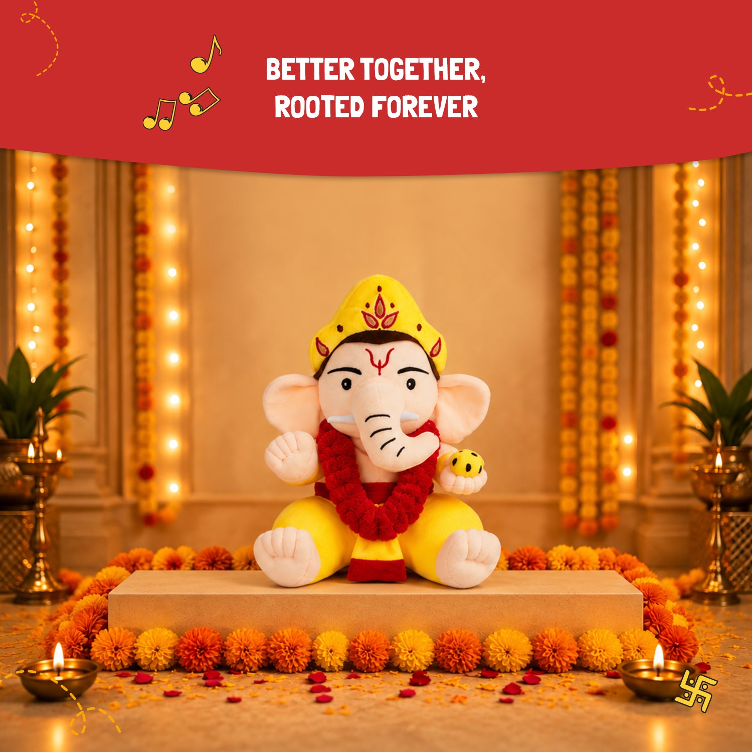 Mantra Chanting Baby Ganesha (Medium) & Fragrant Rose Plush Mala Combo