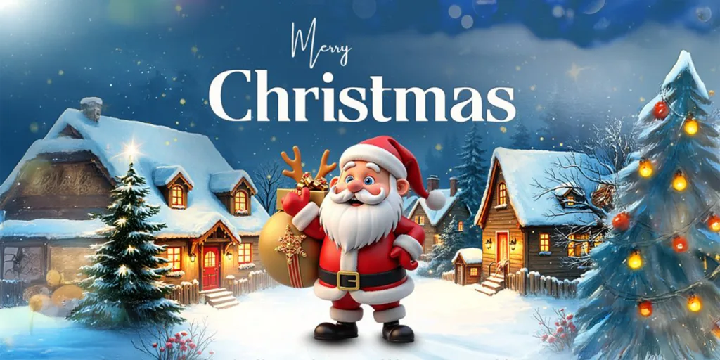 Santa Claus with Christmas gifts and festive lights