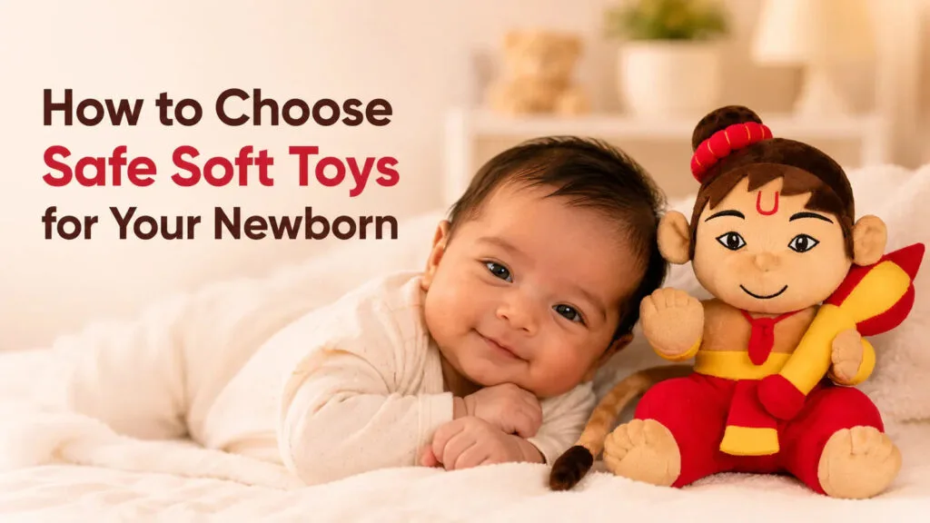 Soft plush toys laid out safely for a newborn baby