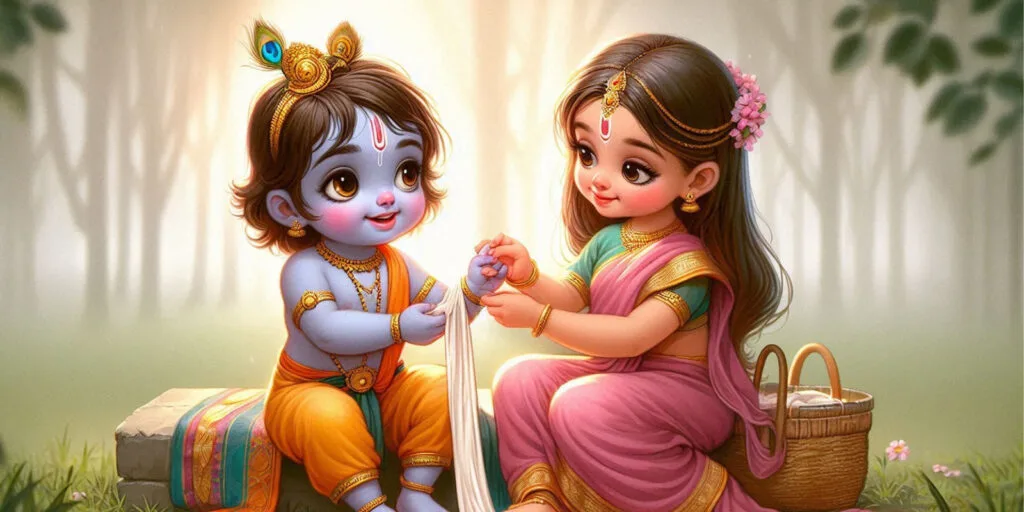 Draupadi tying a strip of her sari on Krishna's finger