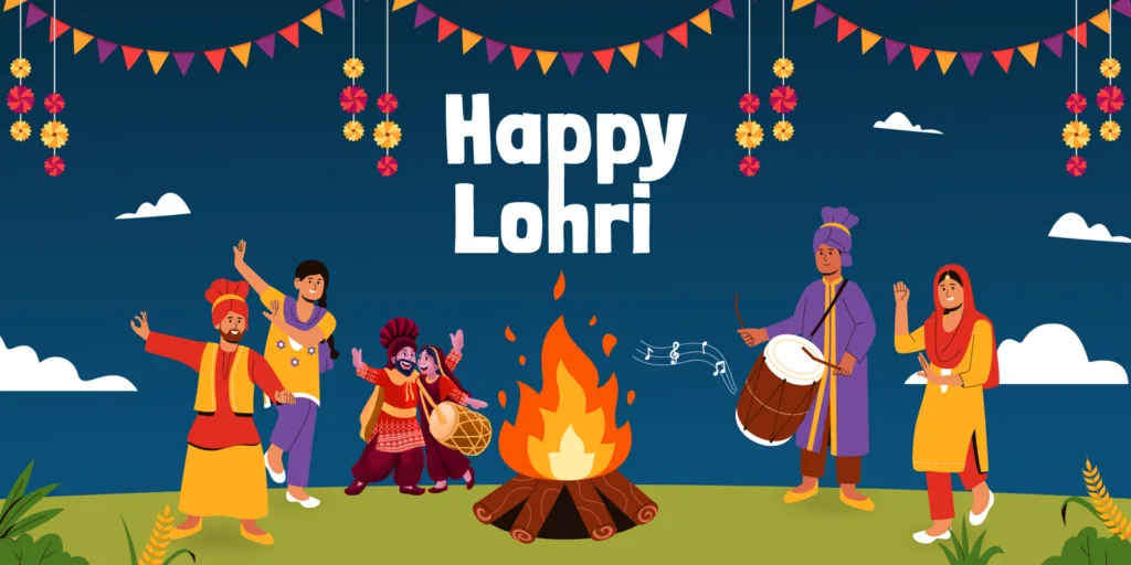 Family celebrating Lohri around a bonfire