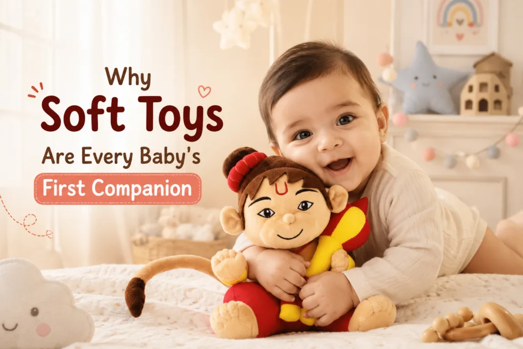 Baby cuddling a soft plush toy as a first companion