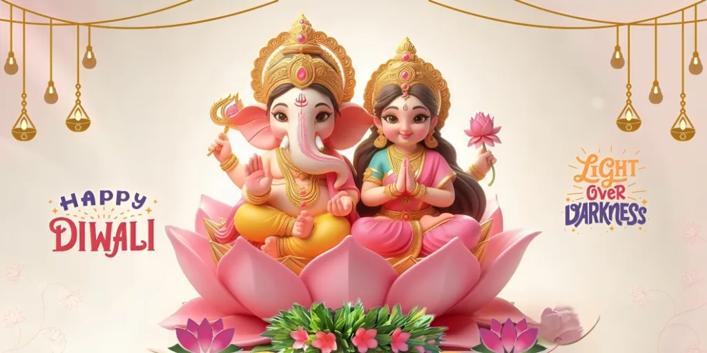 Devi Lakshmi and Lord Ganesha with diyas for Diwali